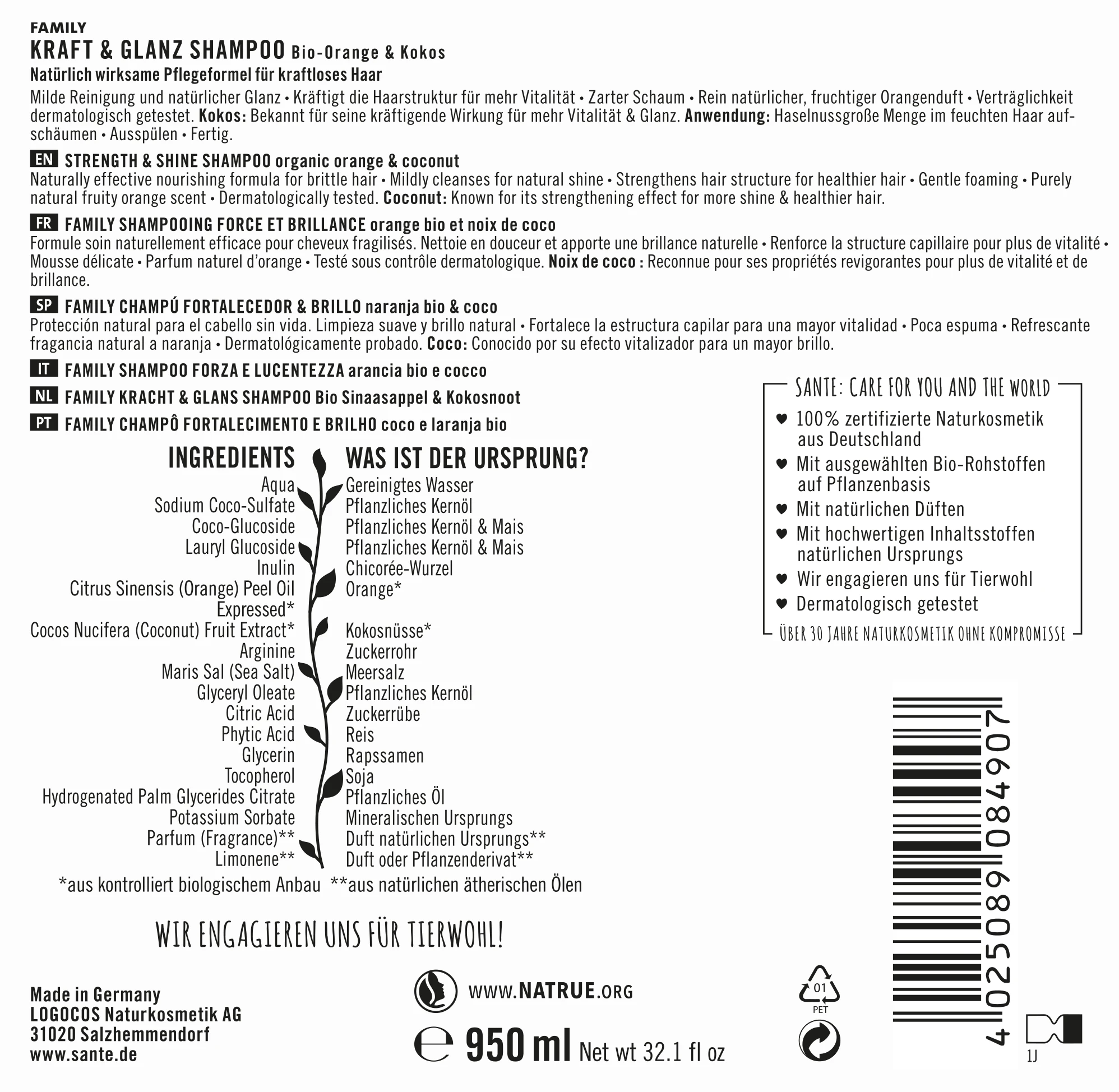Sante FAMILY Kraft & Glanz Shampoo Bio-Orange & Kokos 4 Sante FAMILY Kraft & Glanz Shampoo Bio-Orange & Kokos – Bild 2
